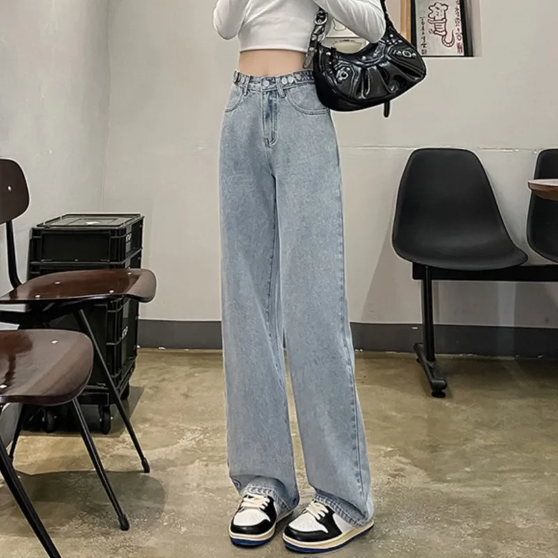 하이웨이스트 데님 청바지, 와이드 레그, 루즈한 디자인, 조절 가능한 허리 단추, 사계절 브랜드, 신상 