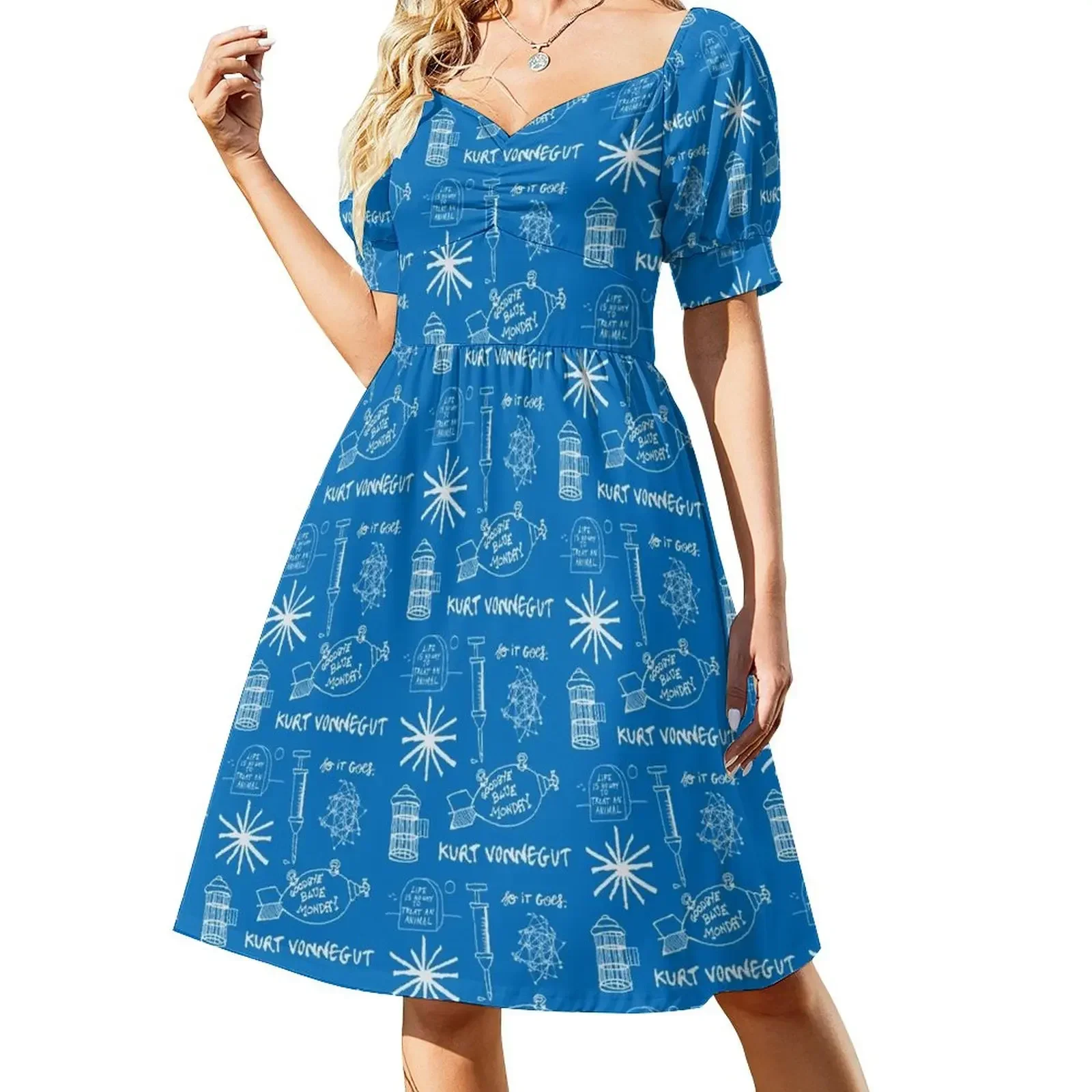 thumbnail image 1 of Oda a Vonnegut -- Patrón -- Vestido corto manga blanco/azul verano mujer vestido mujer tendencia ropa mujer, 1 of 7