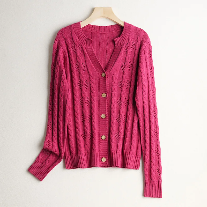 Women's Fashion New 65% Natural Mulberry Silk Cashmere Cotton Blended Casual Versatile Long Sleeve V-neck Solid Color Cardigan 2