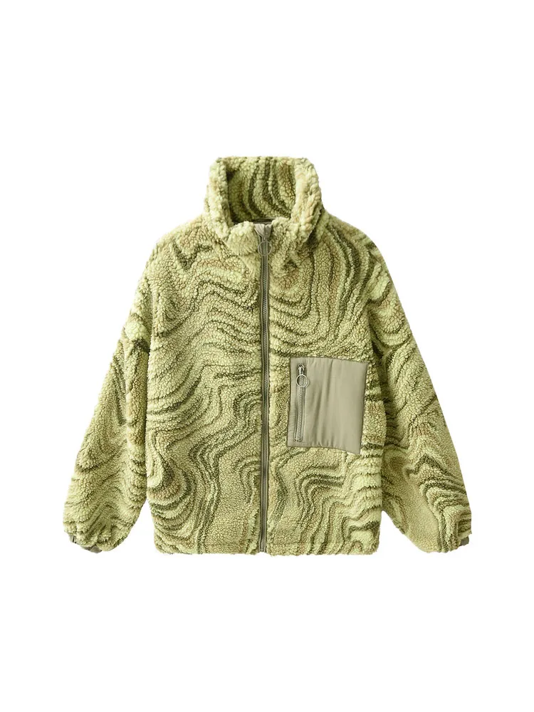 

ZACK RAIN Women Green Print Coat 2022 Fall Winter Fashion Ladies Turtleneck Fleece Outwear Female Vintage Casual Pocket Jacket