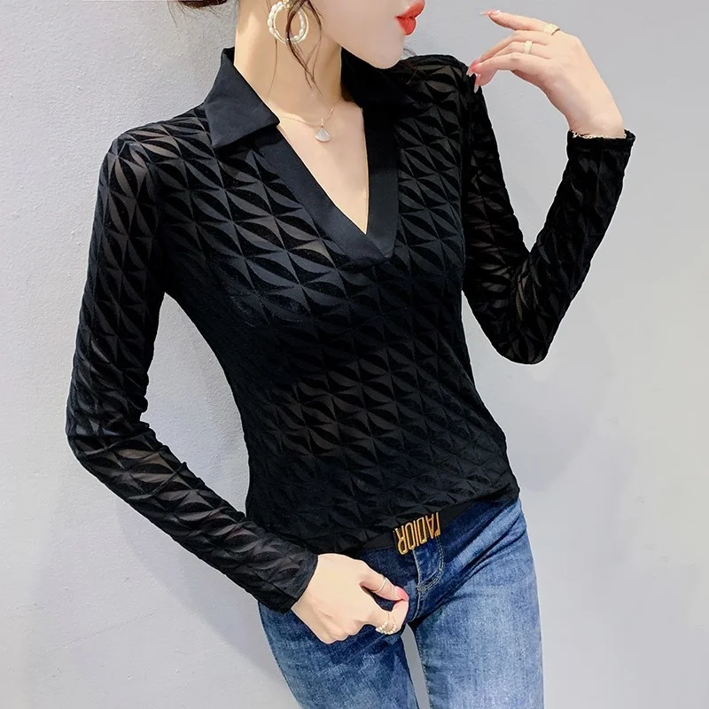 

#5610 Spring 2023 Perspective T Shirt Women V-neck Sexy Long Sleeve T Shirt Femme Long Sleeve Korean Style Plaid Women's T-shirt