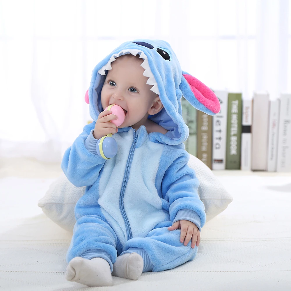 MINISO Baby Stitch Flannel Pajamas Boys Girls Animal Blanket Sleepers Children Hooded Jumpsuits Kids Onesies Newborn Pyjamas