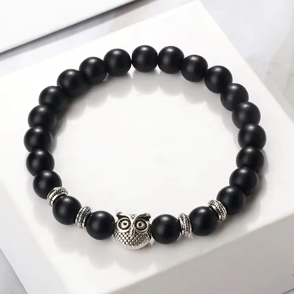 Natural Stone Beads Owl Bracelets Malachite Rock Lava Bangles Charm Strand Elastic Energy Yoga Buddha Jewelry For Women Men