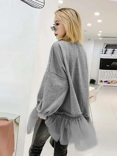 XITAO-타이드 패치 워크 메쉬 플리티드 스웨트 셔츠 다이아몬드 여성 의류, 우아한 패션 풀오버 탑 가을 한국 WQR1548 2019 2