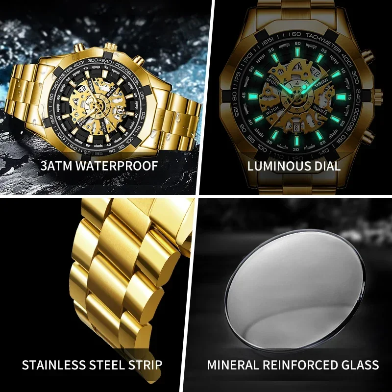 Luxury Men's Stainless Steel Waterproof Quartz Watch with Skeleton Design