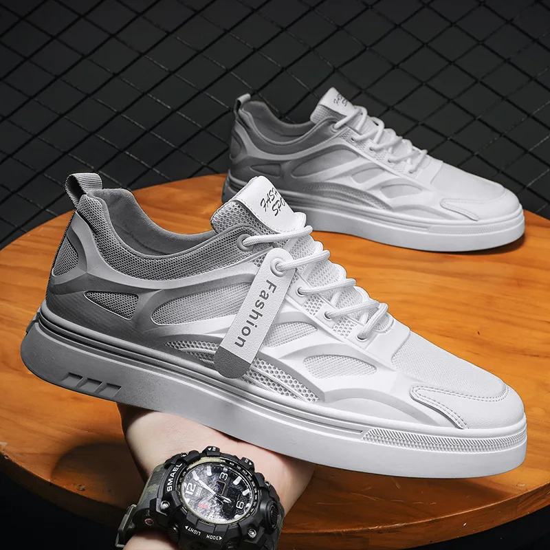 Mesh Men Casual Shoes Flat Lace-up Platform Shoes for Men Breathable Outdoor Non-slip Vulcanize Shoes White All-match Sneakers 3