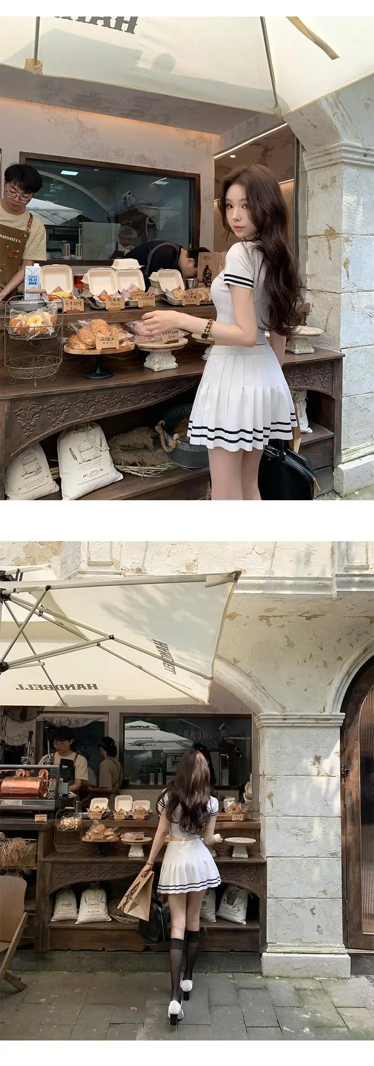 Korean Fashion Knitted Two-piece Set Women Short Sleeve Patchwork Cropped Top Pleated Mini Skirt Preppy Style Outfits New