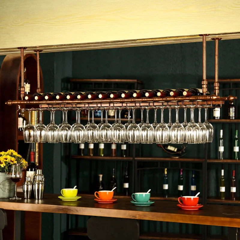 

60/80/100cm Iron Metal Casting Ceiling Hang Upside Down Wine Goblet Holders Tall Glasses Bottle Storage Bar Pub Racks