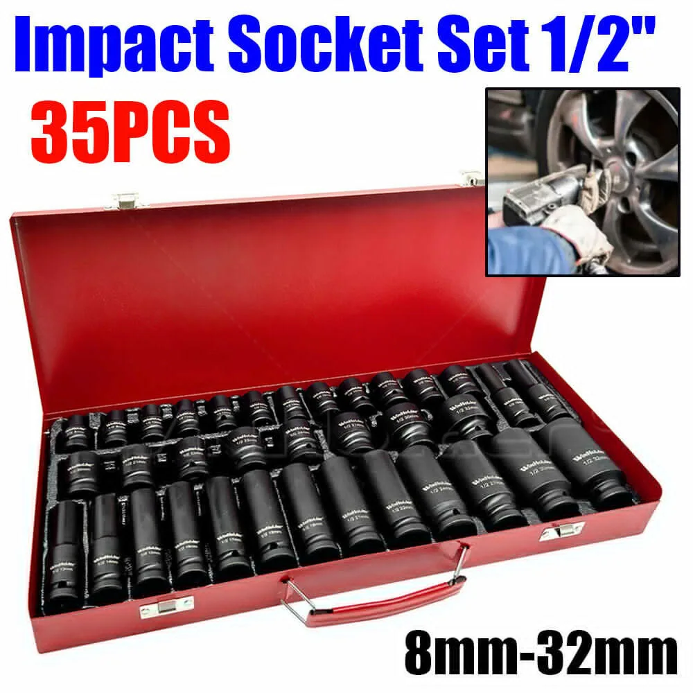 35PCS Deep Impact Socket Set 1/2”Drive Metric Thin wall 6 Point Nut Garage Repair Tool 8-32mm with Red Case