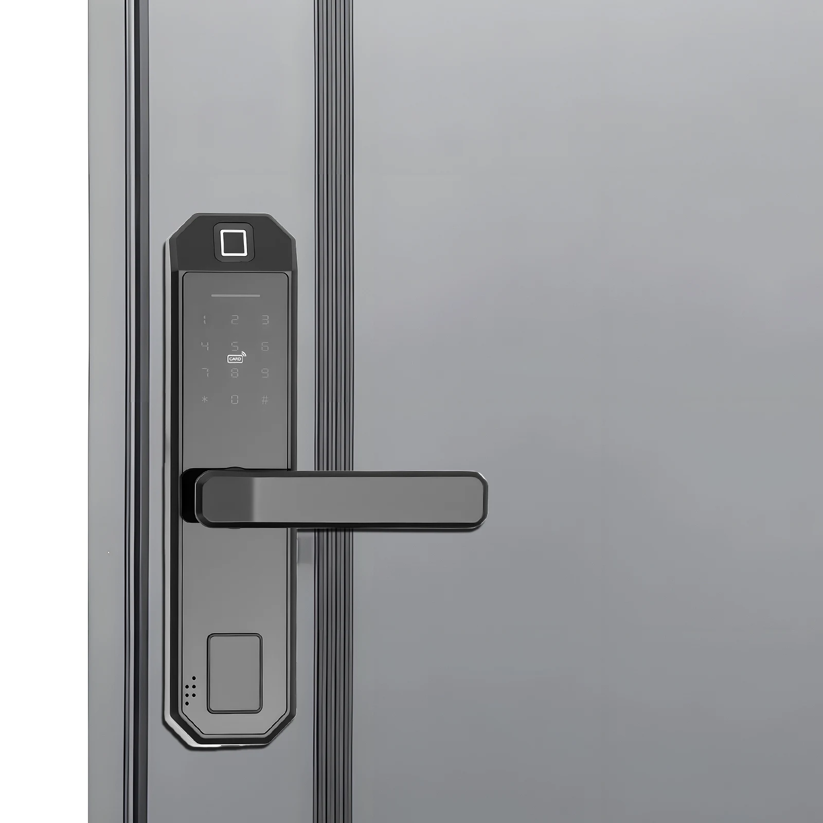 modernt svart smart dörrlås på trädörr