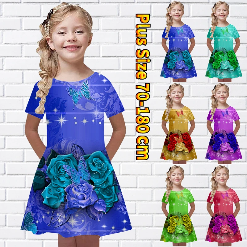

2022 Summer Round Neck Vintage Dress Little Girl Knee-length Skirt Lovely Skirt Flower Printed Princess Dress Short Sleeve Skirt