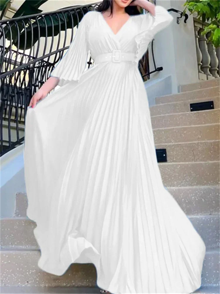 Wmstar Women Long Dress Deep V Neck Long Sleeve Pleated Solid Color A-Line Evening Gowns Wedding Party Floor Length Maxi Dresses