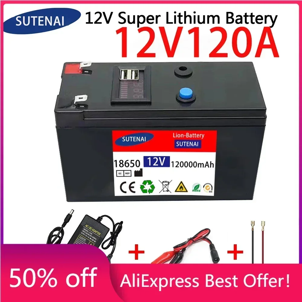

12V Battery 120Ah 18650 lithium battery pack Rechargeable battery for solar energy electric vehicle battery+12.6v3A charger