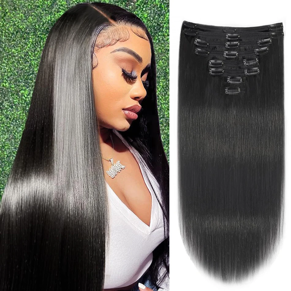 

Straight Clip In Human Hair Extensions Natural Black #1B 12-26 Inch Double Weft Hair Extension 8pcs 120G For Salon High Quality