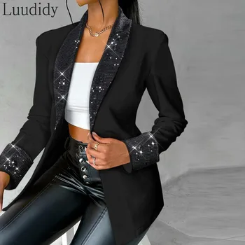 Women'S Elegant Casual Solid Color Long Sleeve Notched Collar Sequin Decor Blazer Coat