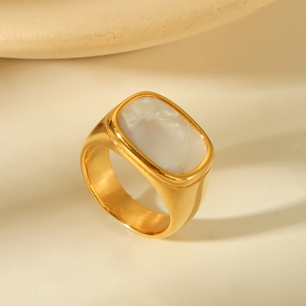 Anello vintage da donna, quadrato, in conchiglia bianca, robusto, in acciaio inossidabile placcato oro 18k lucido, accessorio per gioielli, regalo_voghion.com