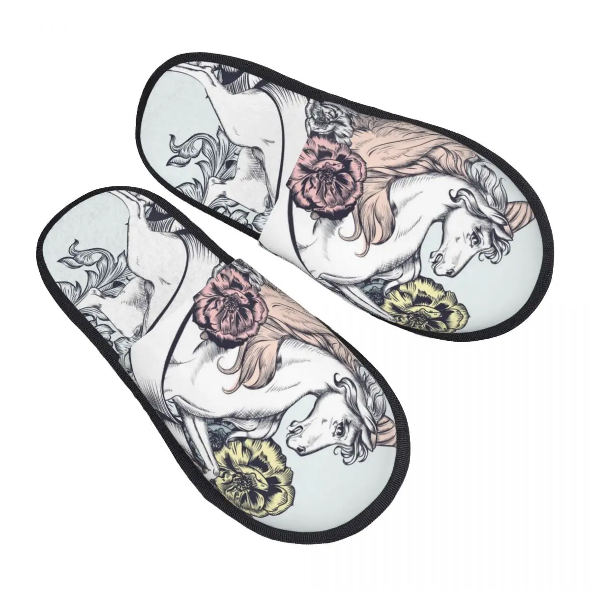 

Winter Women Men Non-Slip Flat Slippers Fashion Beautiful Unicorn And Flowers Indoor Fur Soft Warm Shoes