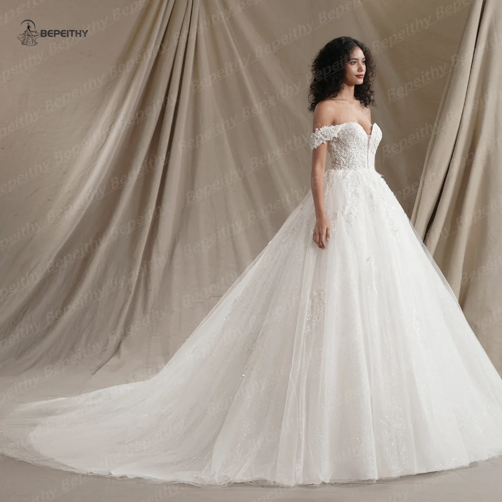 BEPEITHY Customized Sweetheart Glitter Princess Wedding Dresses For Women 2024 Off Shoulder Ivory Bride Sleeveless Bridal Gown 5