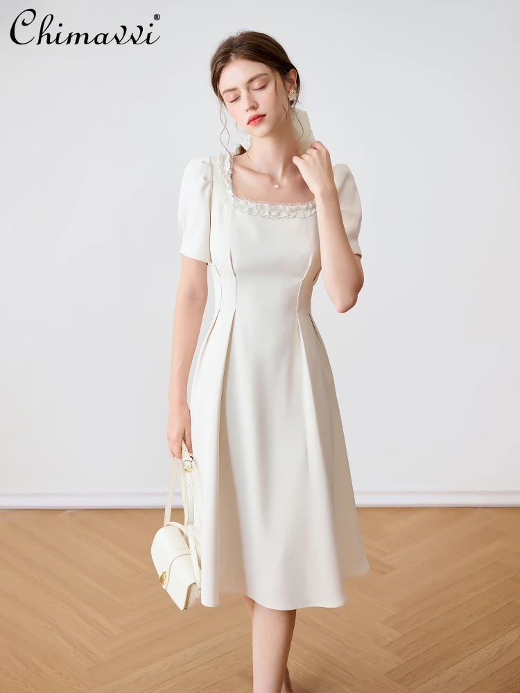 

French Elegant Commuter Solid Color Lace Square Collar Short Sleeve High Waist Crimp a-Line Slim Fit Long Dress Women Summer