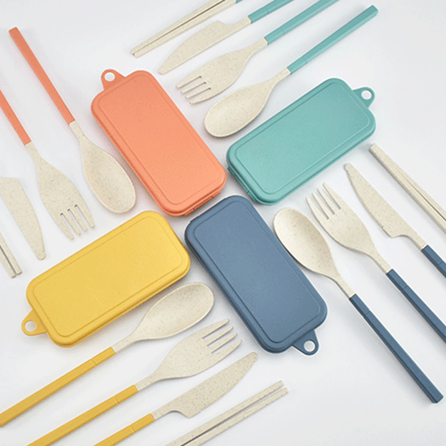 

Wheat Straw Cutlery Students Spoons Forks Chopsticks With Box Tableware Travel Portable Travel Detachable Kitchen Accessories