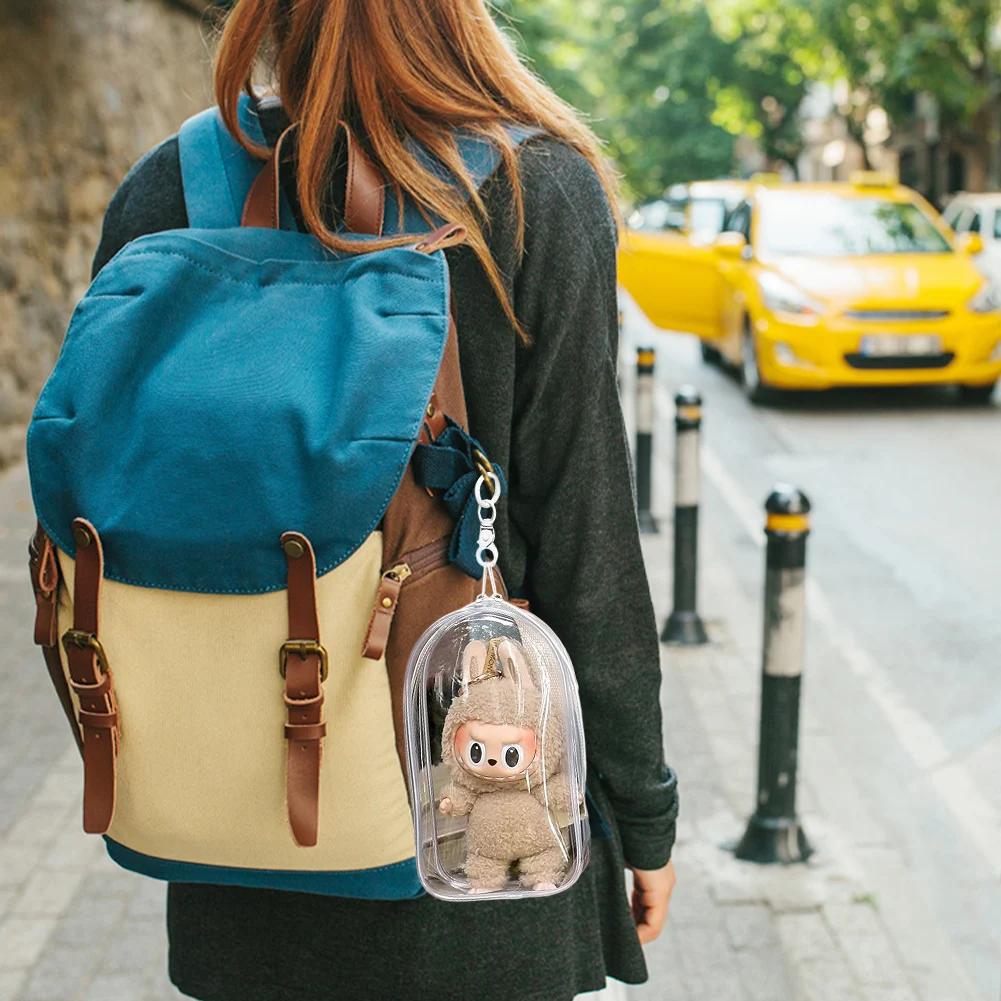 Clear Figure Display Bag PVC Doll Bag with Keychain Mini Doll Hanging Bag Multifunctional Zipper Closure for Lipstick Charms