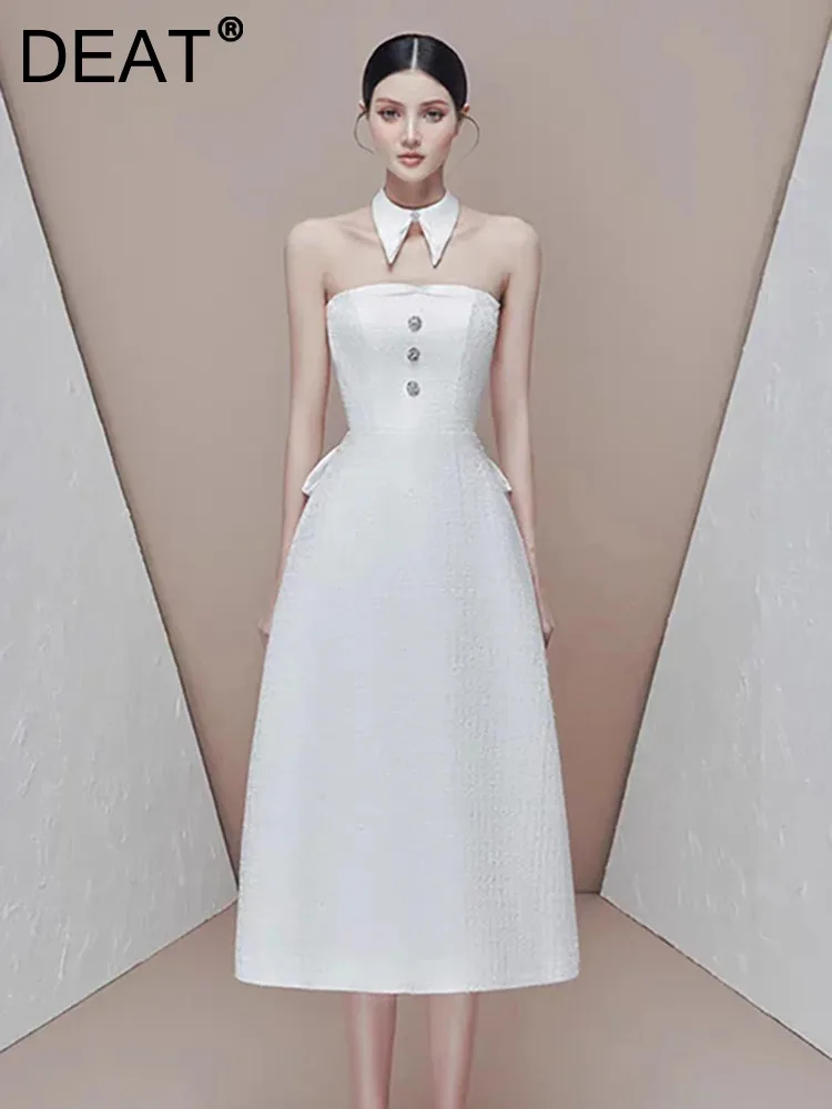 

DEAT Women's Fashion Dress Strapless Waist Button Backless Neckhole Patchwork Bow Elegant Party Dresses Summer 2023 New 13DB3892