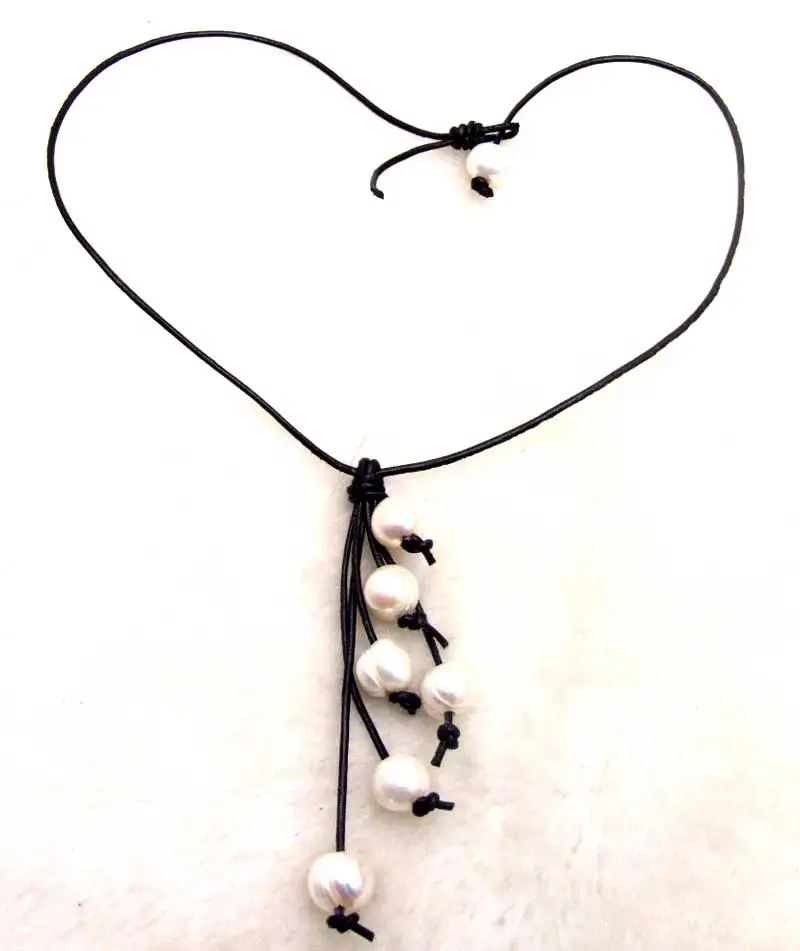 Qingmos 10-11mm Round Natural Freshwater White Pearl pendant Necklace for Women with Black Genuine Leather 20
