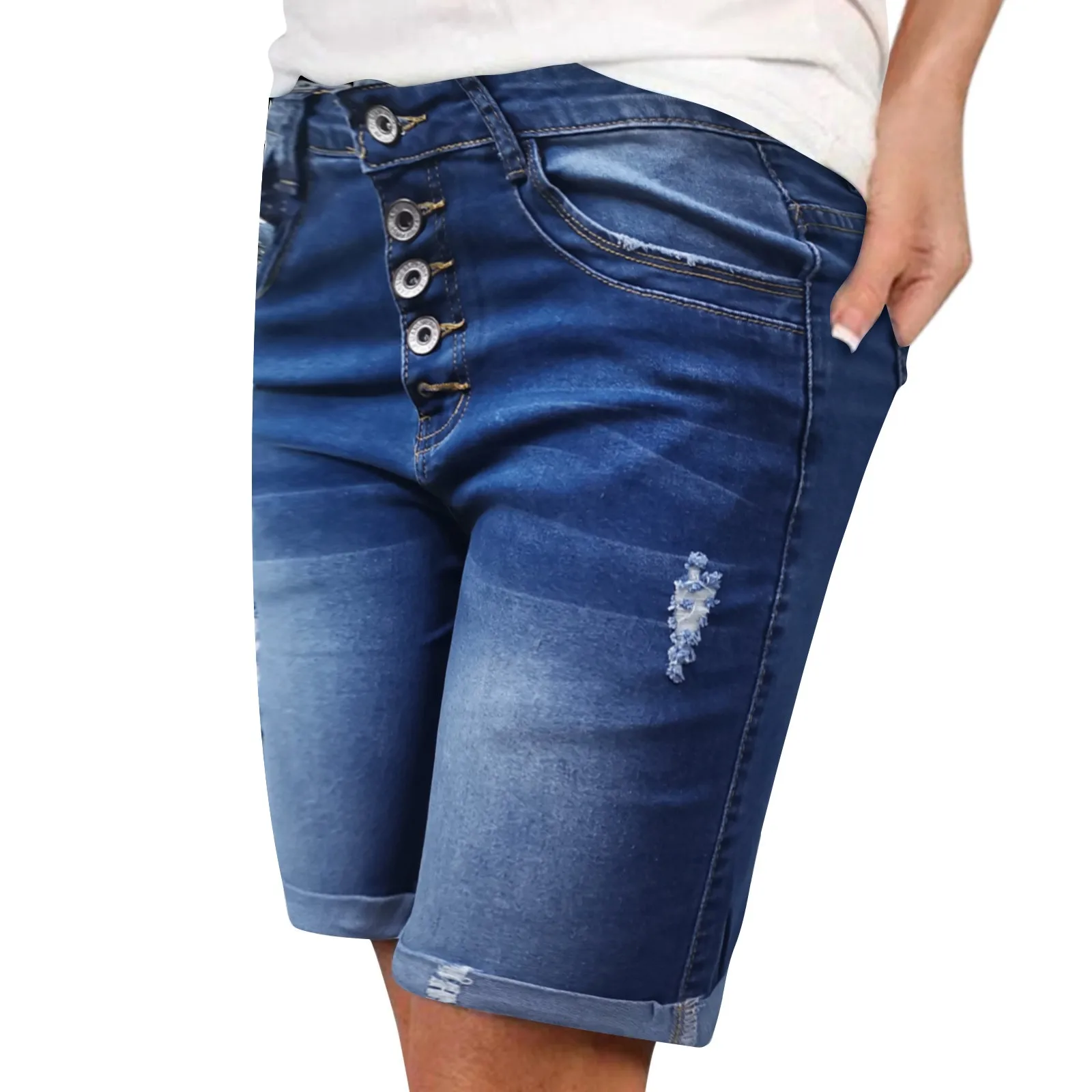 

Women's Summer Casual Jeans Single Breasted High Waist Ripped Denim Shorts Distressed Frayed Raw Hem Jeans Shorts with Pockets