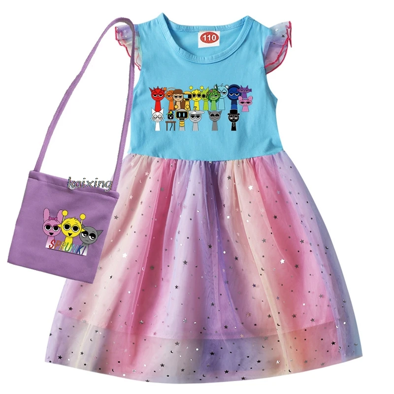 Kids New Girls Dress Sprunki Cartoon Print Kids Clothing Princess Dresses +Bag Flying Sleeve Party Costume Best Gift