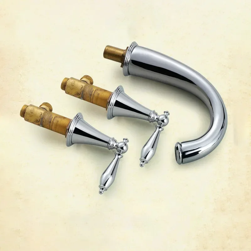3 Hole Bathroom Sink Faucet Deck Mounted Widespread Basin Faucet Dual Handles 3 pcs Mixer Tap Hot Cold Water Tap 4