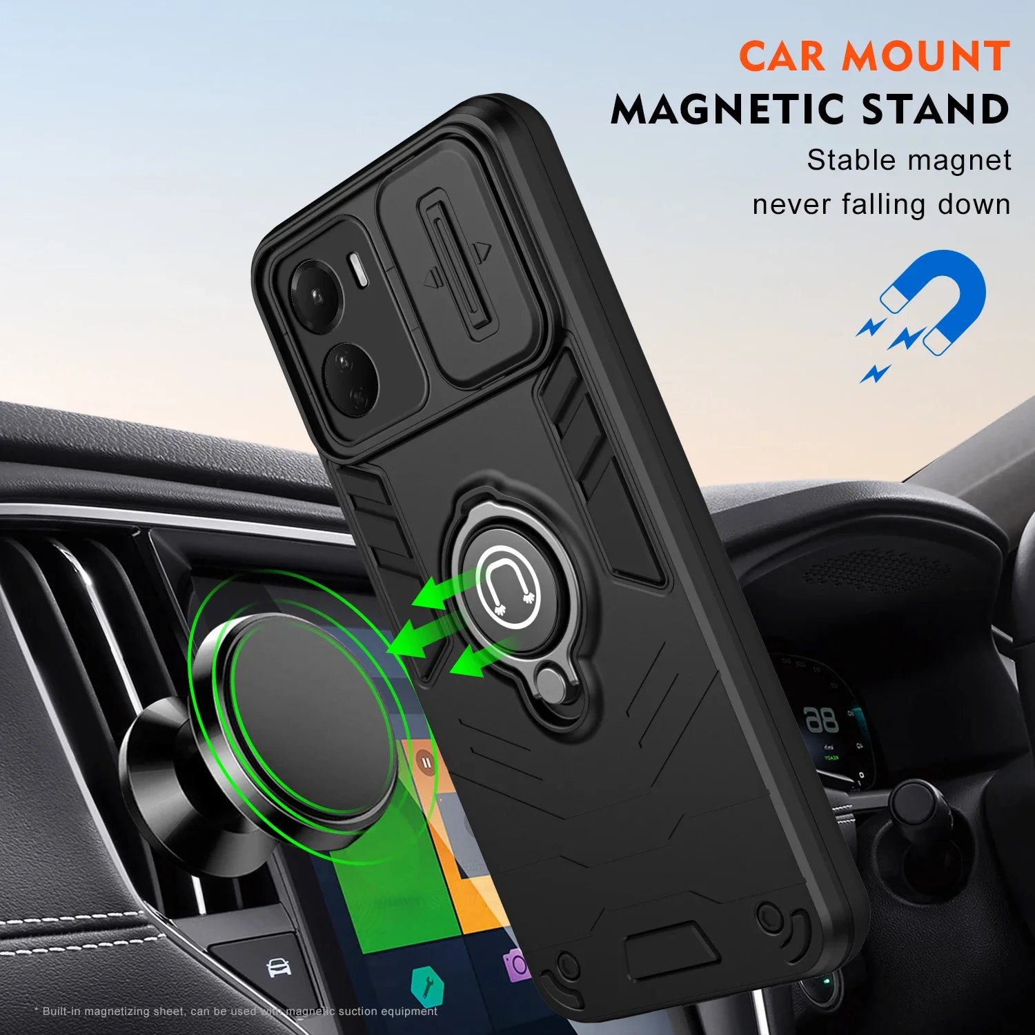Durable Shockproof Phone Case with Metal Ring Holder and Slide Window Design