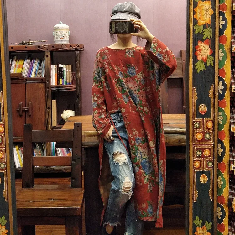 Johnature 빈티지 2025 봄 프린트 드레스 스트레이트 레귤러 풀 슬리브 Mid-calf o 넥 레트로 코튼 내셔널 스타일 여성 드레스