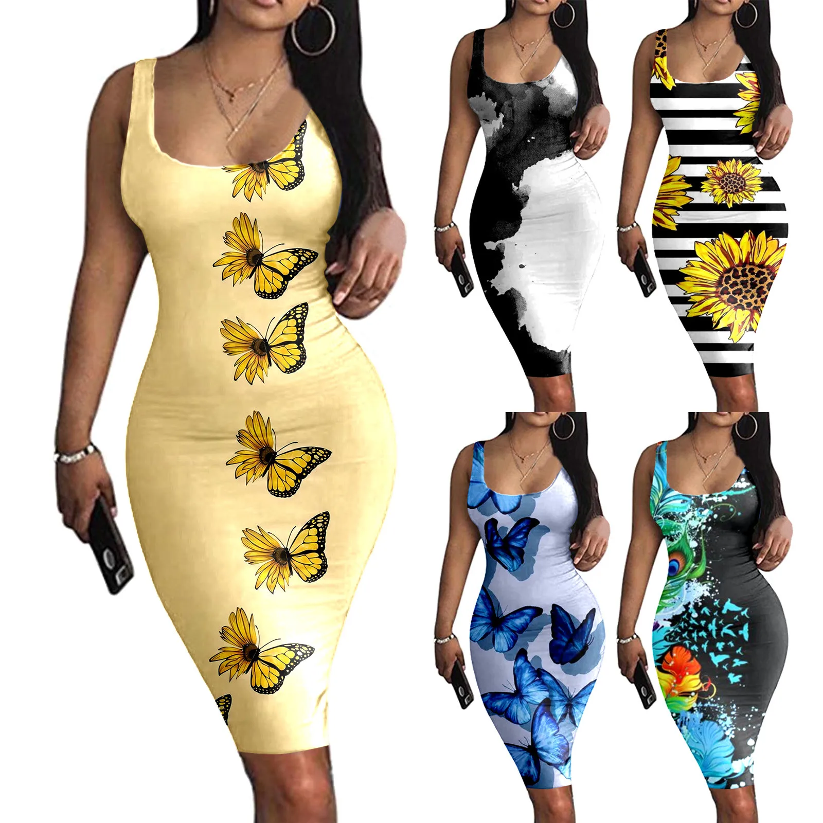 

Summer Dresses For Women 2023 Floral Print Sexy Sleeveless U-Neck Bodycon Sexy Elegant Daily Mini Dress Clothing Female Vestidos