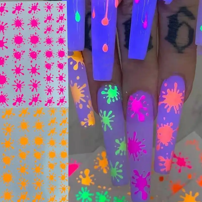 Fluorescent Nail Sticker Neon Color Luminous Nail Decoration 3D Foil Drip Decal Self-Adhesive Sticker Art Design