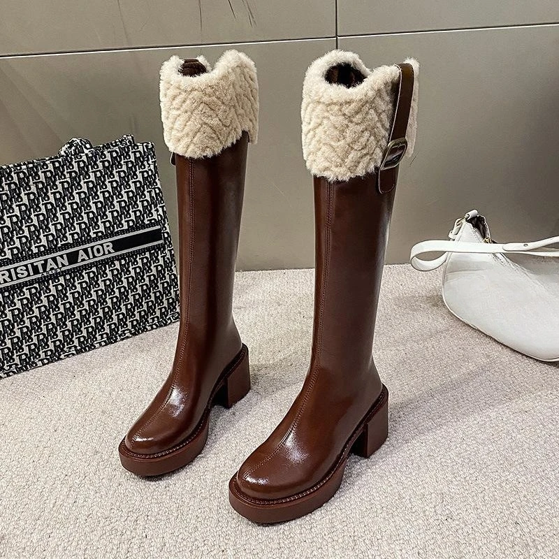 

Winter New Fashion British Style Thick Sole Chunky Heel High Barrel Boots Women's Hot sell Retro Knee High Boots Snow Boots