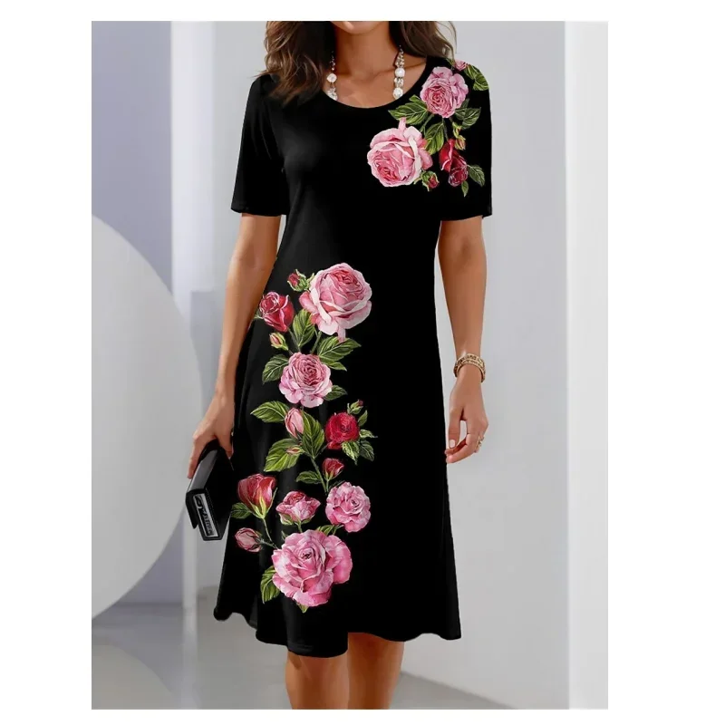 

Fashions Short Sleeve Dress Summer Woman Clothing A-Line Skirt Elegant Party Evening Dress Colour Clash Prints Pullover Dresses