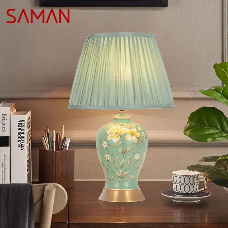 

SAMAN Chinese Style Ceramics Table Lamp LED Creative Touch Dimmable Simple Bedside Desk Light For Home Living Room Bedroom