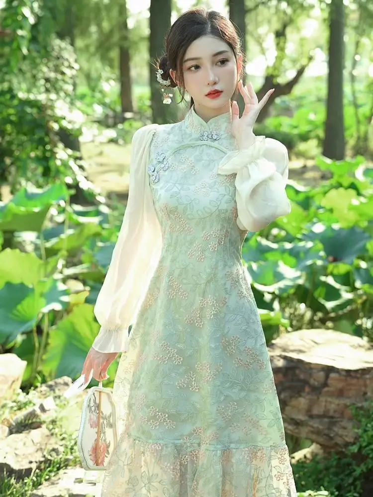 

Chinese Dress Green Young Girl Retro Improved Cheongsam Qipao High-end and Elegant Autumn and Spring 2023 Women's Clothing