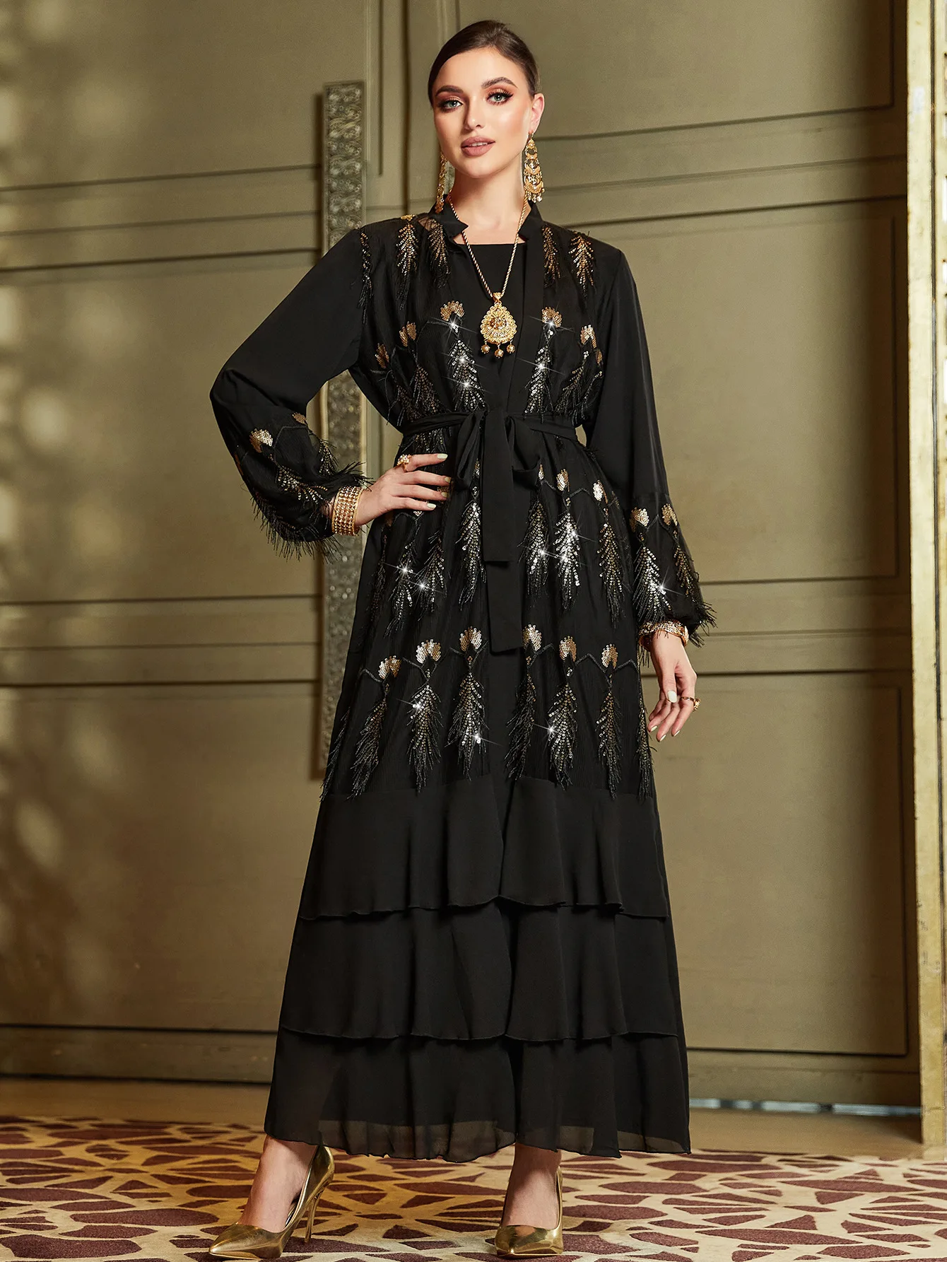 

Luxry Abaya Set for Women Feather Sequines Embroidery Arabic Evening Dresses 2 Piece Muslim Dubai Moroccan Caftan Black Jalabiya