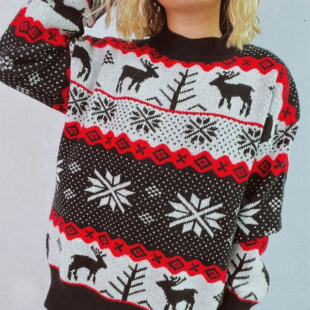 2024 Women'S Christmas Ugly Sweater Reindeer Jacquard Knit Round Neck Pullover Shirt Thick Crew Neck Pullover Thickened Knitwear 4