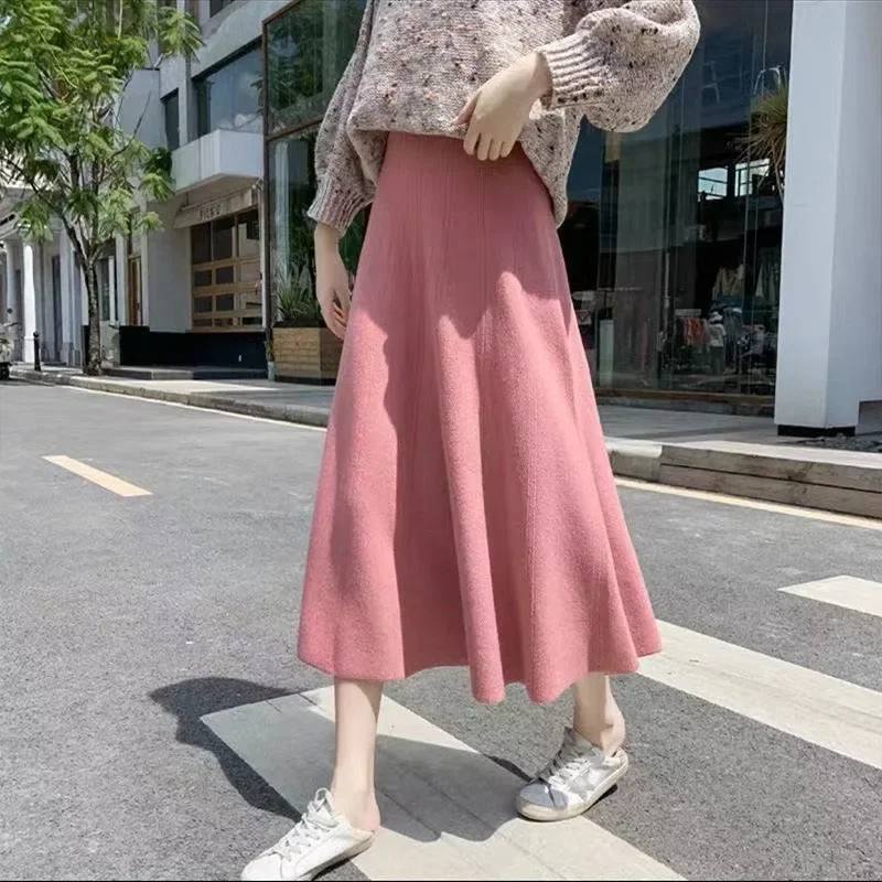 Autumn and Winter Women's Knit Skirt All Match Medium-length Skirt High Waist A-line Elegant Pink Satin Skirt Simple Y2k Skirts elegent women dress 2023 new fashion casual basic mid waist u shaped collar printed stylish pullover medium length skirt