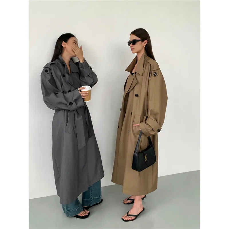 

XS-XL Lapel Double Breasted Mid Length Trench Coat For Women's Spring Autumn Long Sleeved Literary Retro Khaki Elegant Clothes