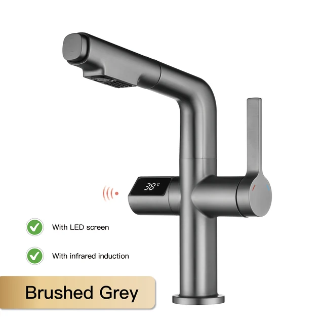 Light luxury gun gray brass kitchen faucet digital display induction design single handle cold & hot dual l 2 function sink Tap 18