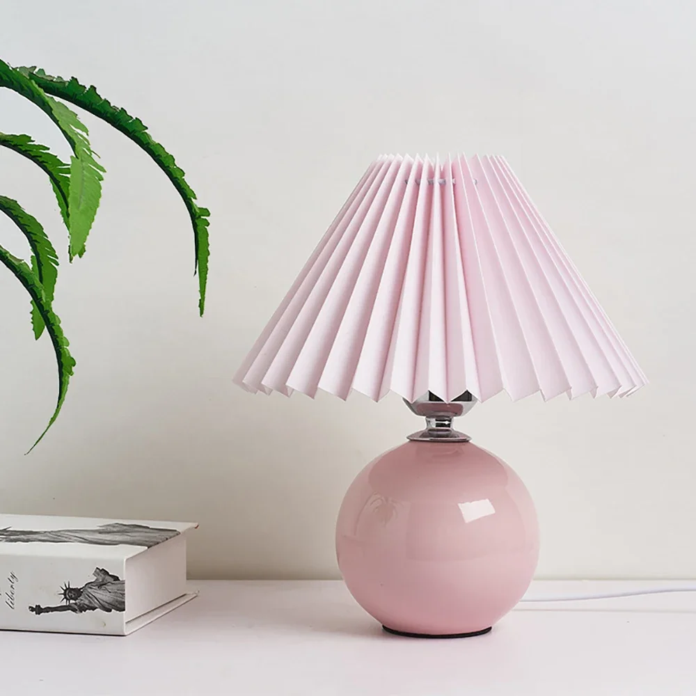 

Vintage Pleated Table Lamp with LED E27 Tricolored Bulb Ceramic Base AU US EU UK Plug Cute Decorative Night Light for Bedroom