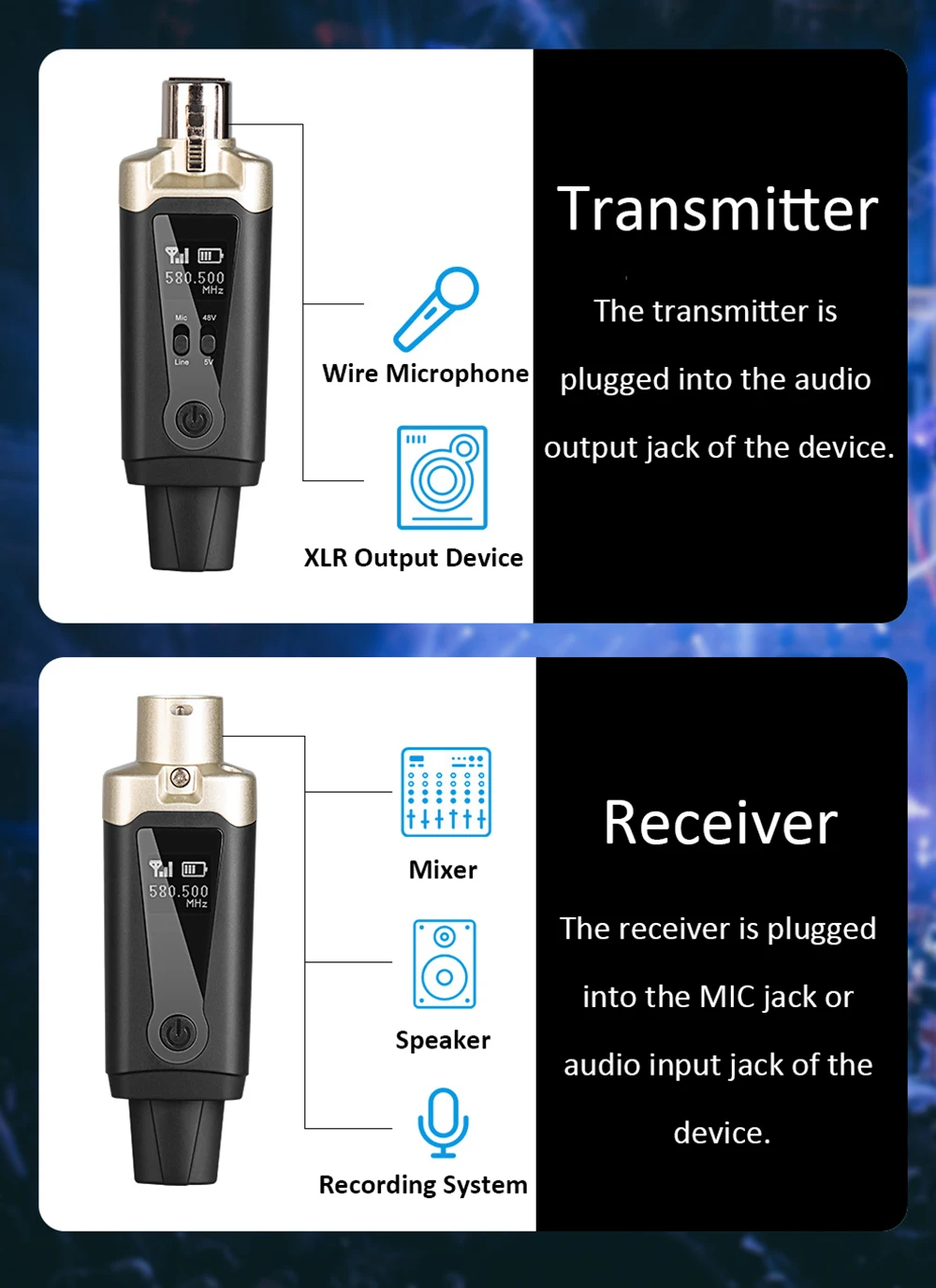 Wireless Microphone System XLR Mic Converter Transmitter and Receiver UHF Automa
