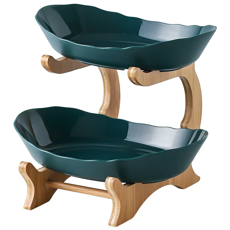 Three-Tier Wooden Tabletop Fruit and Snack Stand with Partitioned Plates