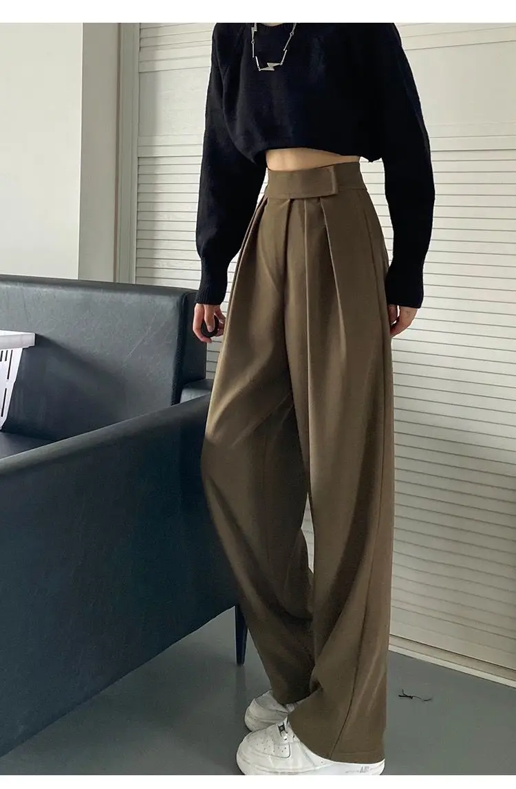 Vintage Style High Waist Dress Pants Fall Brown Pleated Wide Leg Trousers  Vintage Style Womens Office Wear Dorothy Zudora Sizes 00-18 