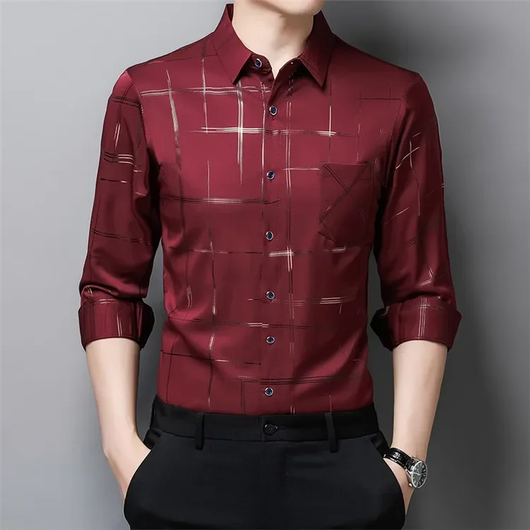 Shirt Men Long sleeved Quality Elastic Gold Stamped Non iron Business Fashion Casual