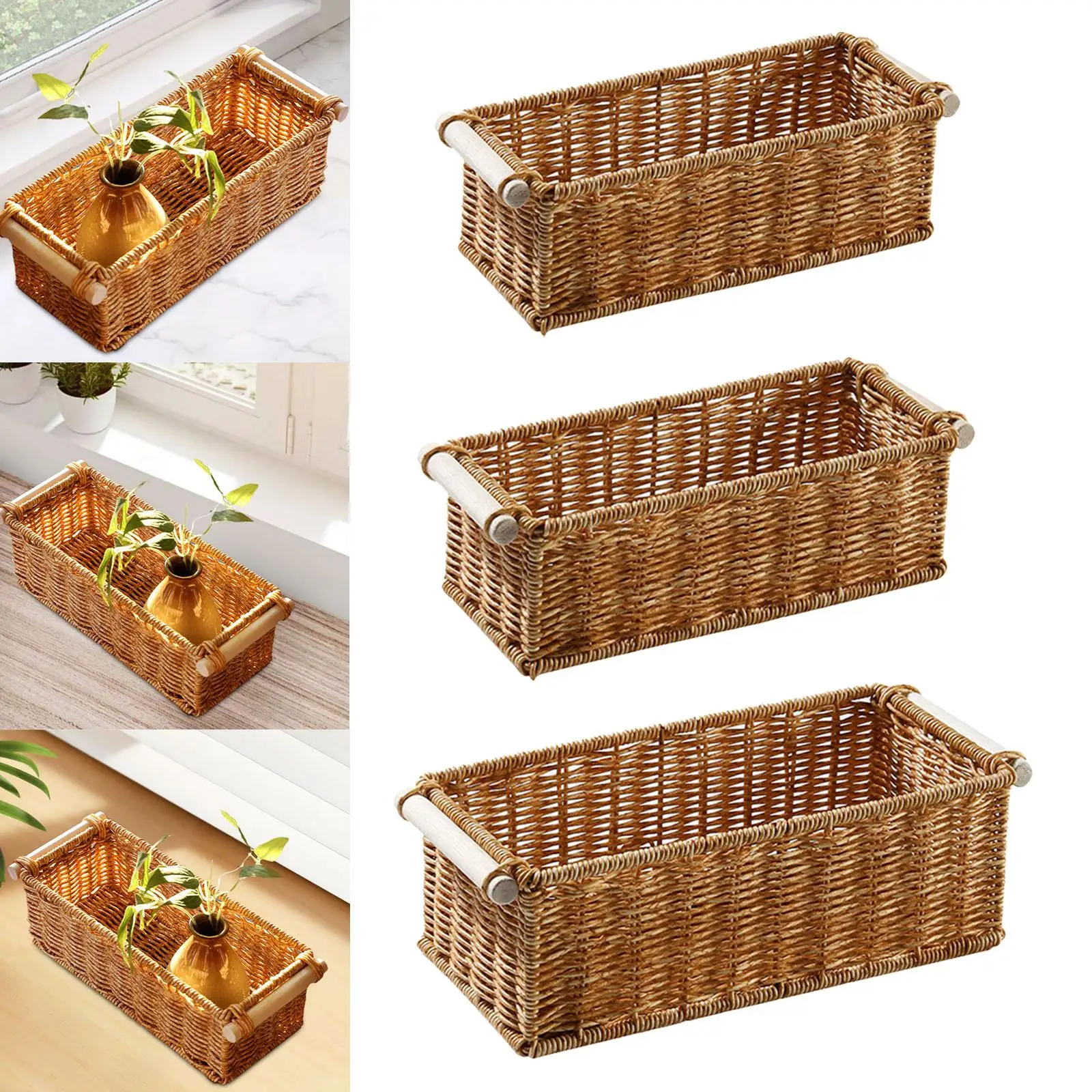 Imitation Rattan Storage Basket Perfume Tray For Organizing Rectangular Vintage For Home Coffee Table Bar Bathroom Kitchen_voghion.com