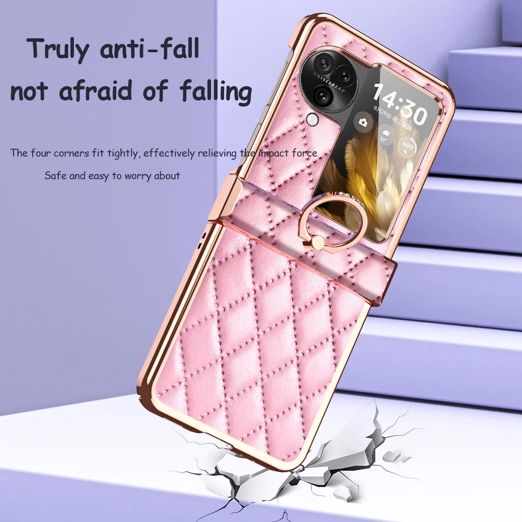 Luxury Rhombus Leather Ring Stand Case For OPPO Find N3 Flip Plating Metal Frame Lens protective Flash Drilling Bracket Cover